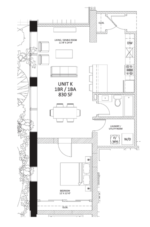 Floor plan for 1 bed, 1 bath, 830 sqft